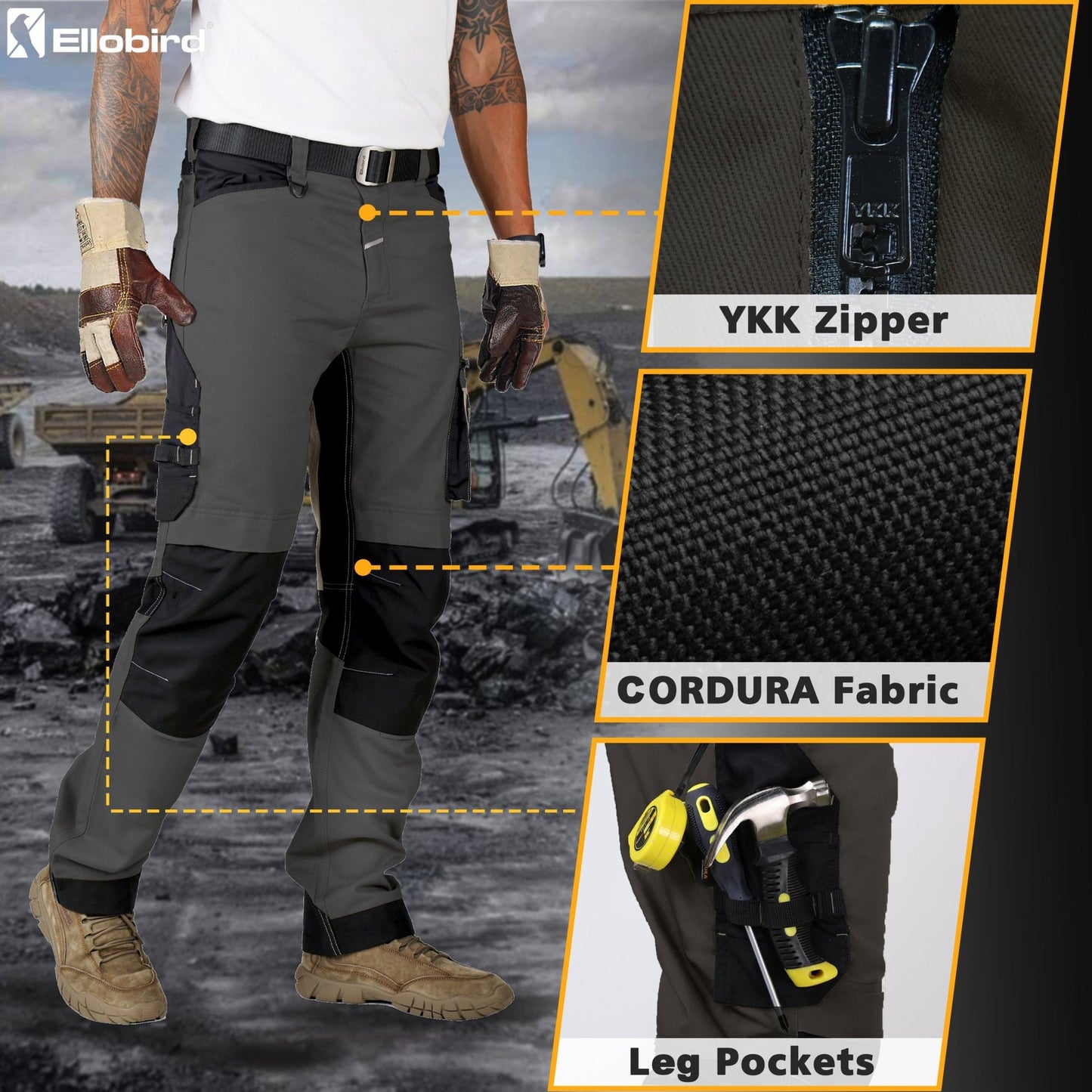 Ellobird Men's Construction Work Utility Pants Relaxed Fit Stretch Flex Cordura Double Knee Reinforcement Carpenter Cargo - Ellobird