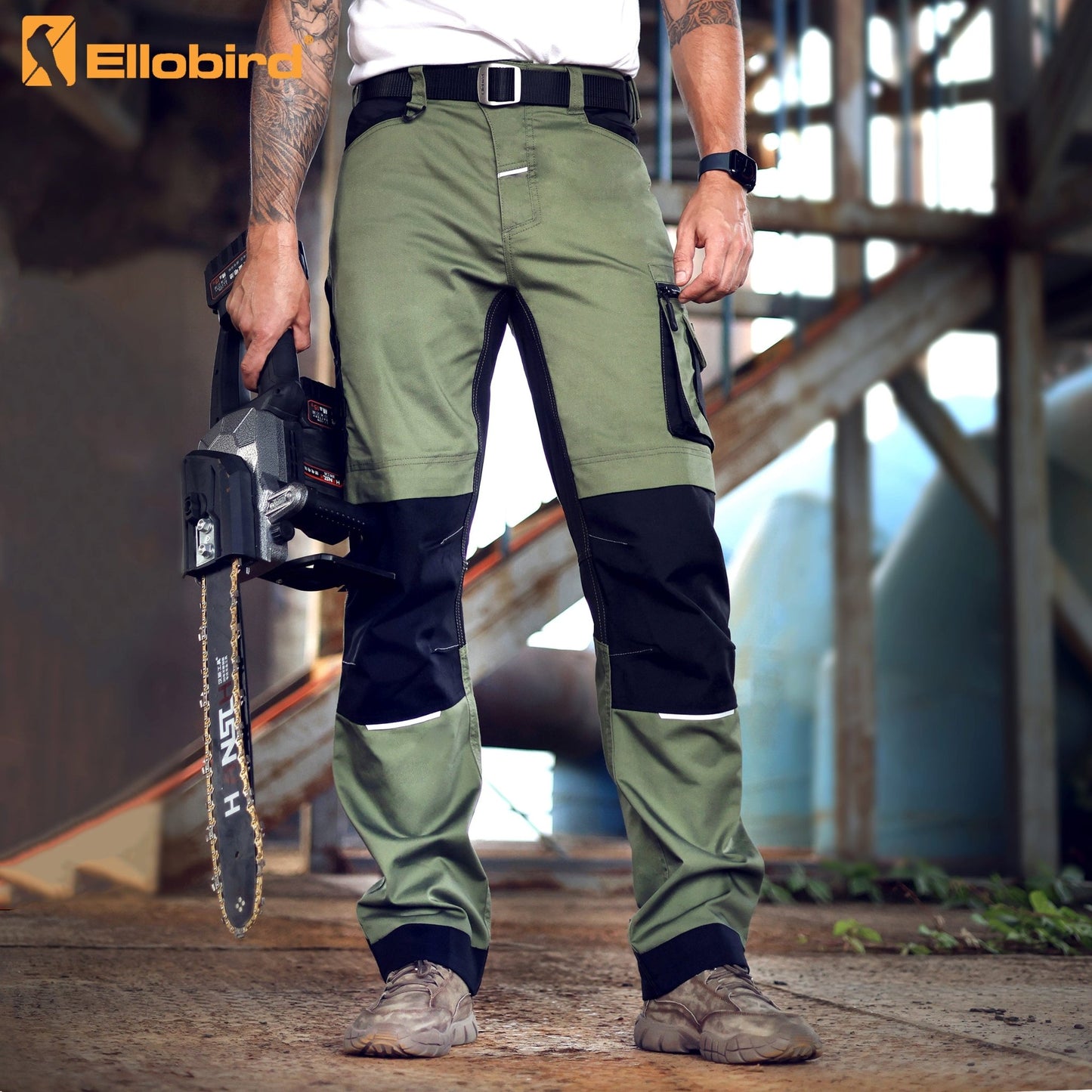 Ellobird Men's Construction Work Utility Pants Relaxed Fit Stretch Flex Cordura Double Knee Reinforcement Carpenter Cargo - Ellobird