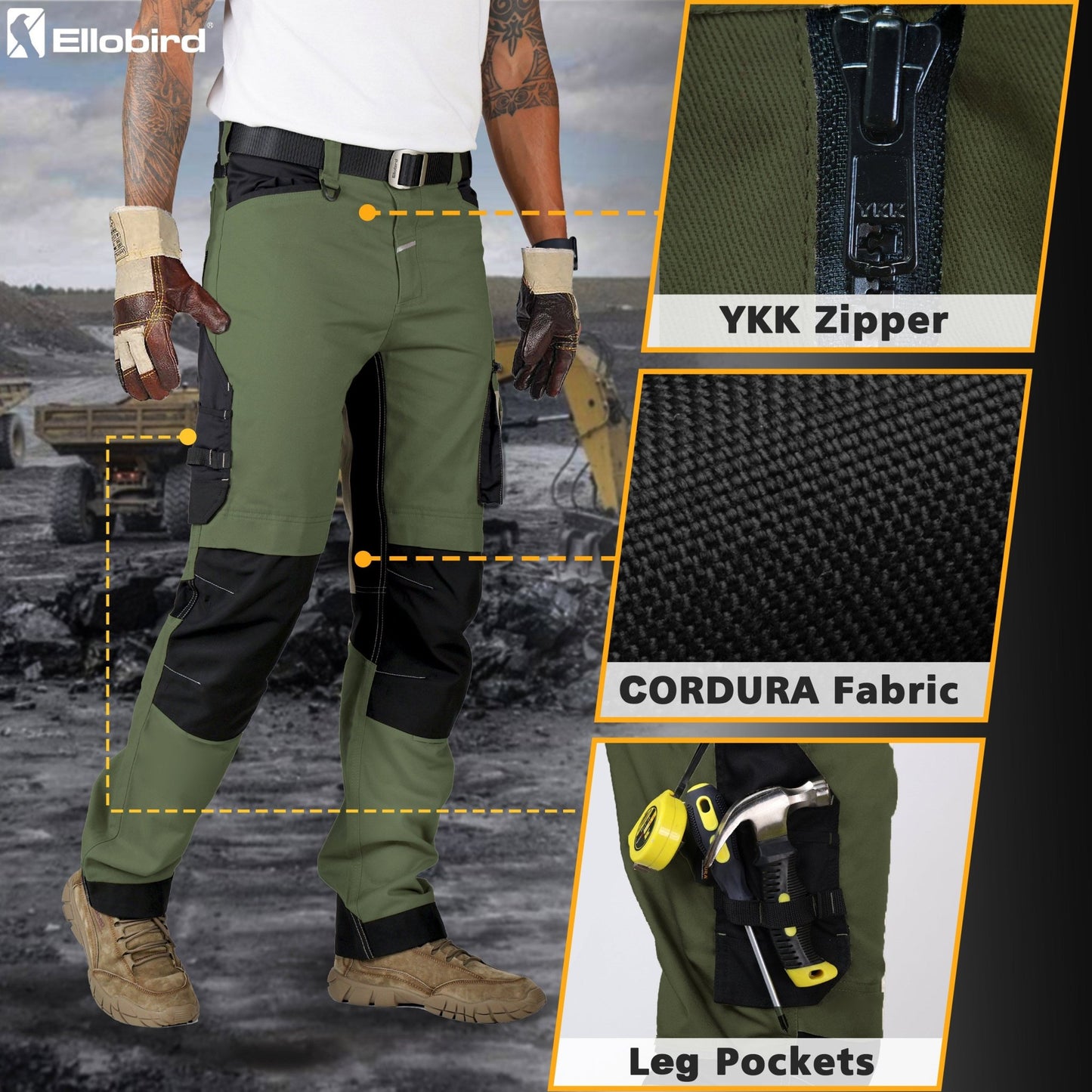 Ellobird Men's Construction Work Utility Pants Relaxed Fit Stretch Flex Cordura Double Knee Reinforcement Carpenter Cargo - Ellobird