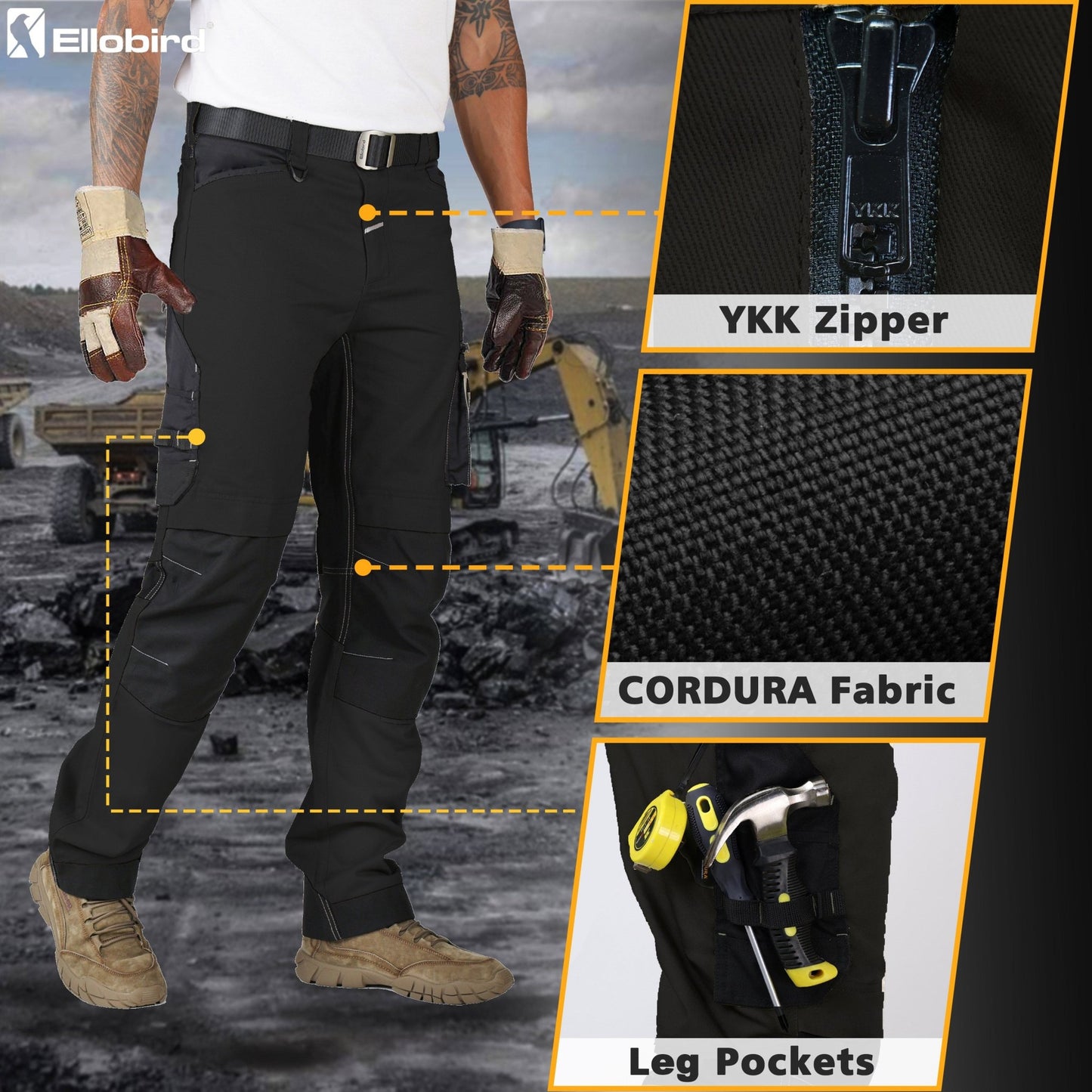 Ellobird Men's Construction Work Utility Pants Relaxed Fit Stretch Flex Cordura Double Knee Reinforcement Carpenter Cargo - Ellobird