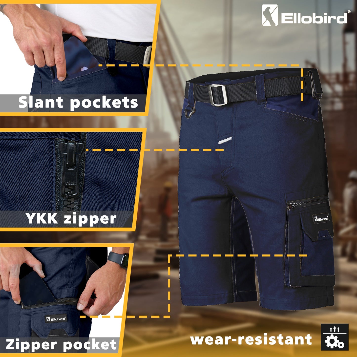 Ellobird Work Shorts for Men Construction Pants Mens Workwear Cordura Cargo Loose Fit Utility Carpenter Workwear Short - Ellobird