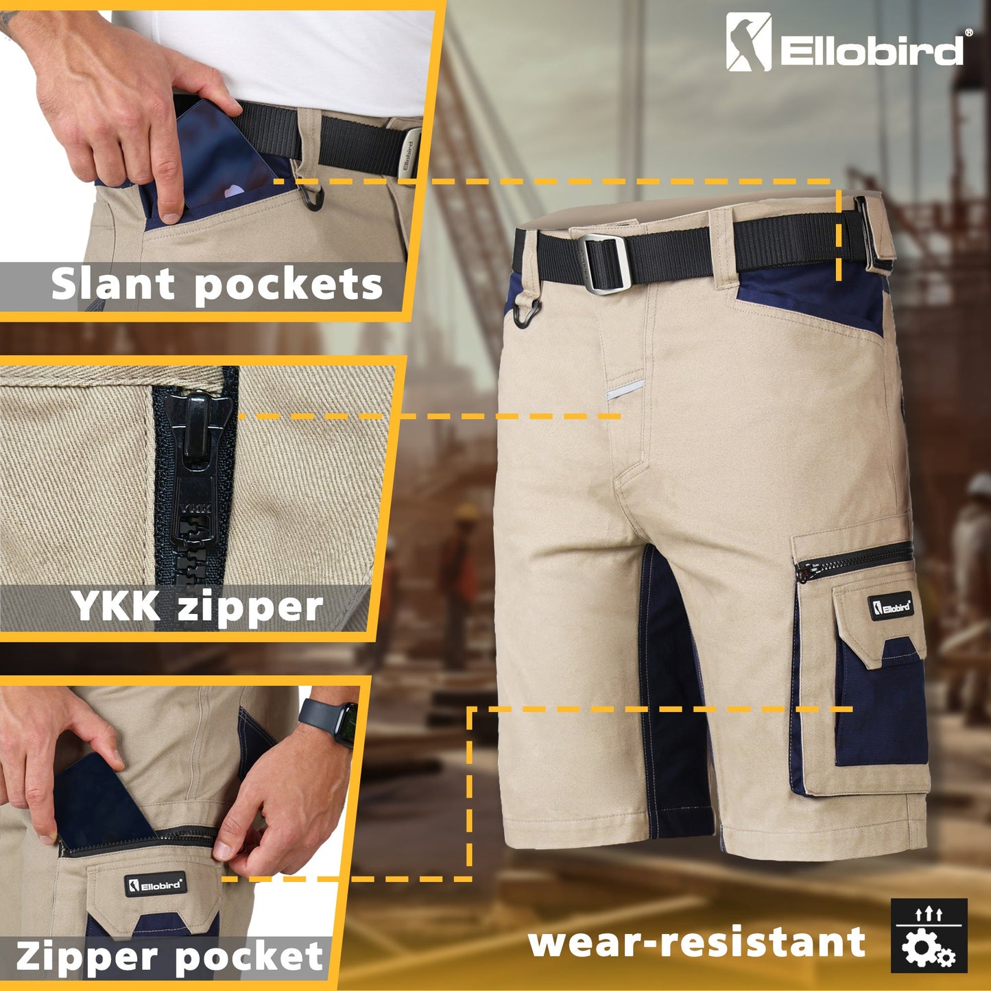 Ellobird Work Shorts for Men Construction Pants Mens Workwear Cordura Cargo Loose Fit Utility Carpenter Workwear Short - Ellobird