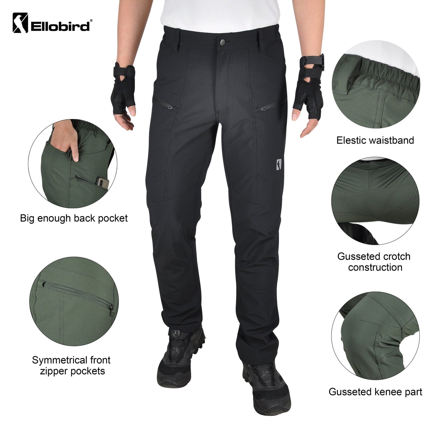 Ellobird Mens Flex Cargo Hiking Pants, Waterproof Stretch Lightweight Trousers - Ellobird