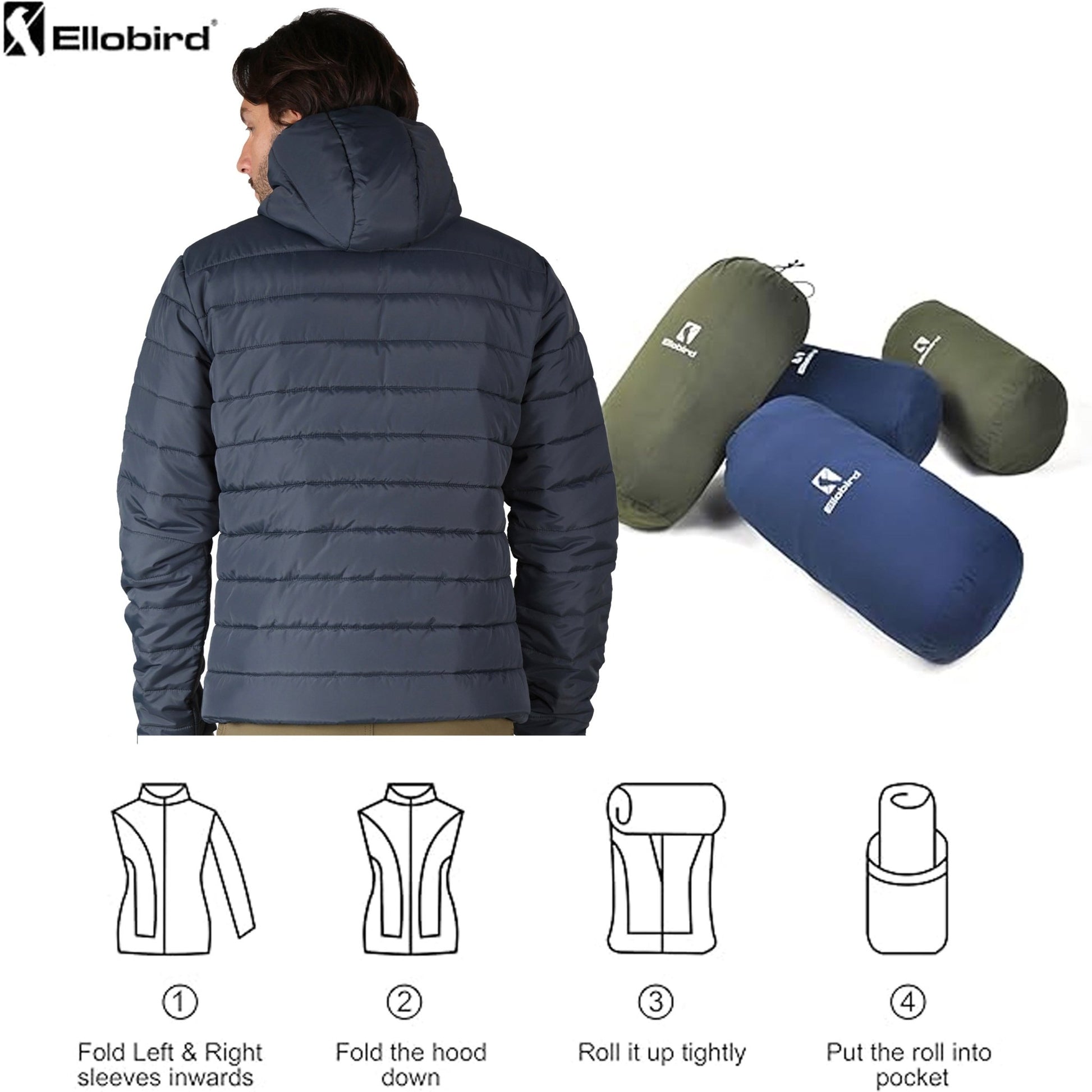 Ellobird Mens Puffer Coat Men Lightweight Winter Coats Jacket Hood Packable - Ellobird