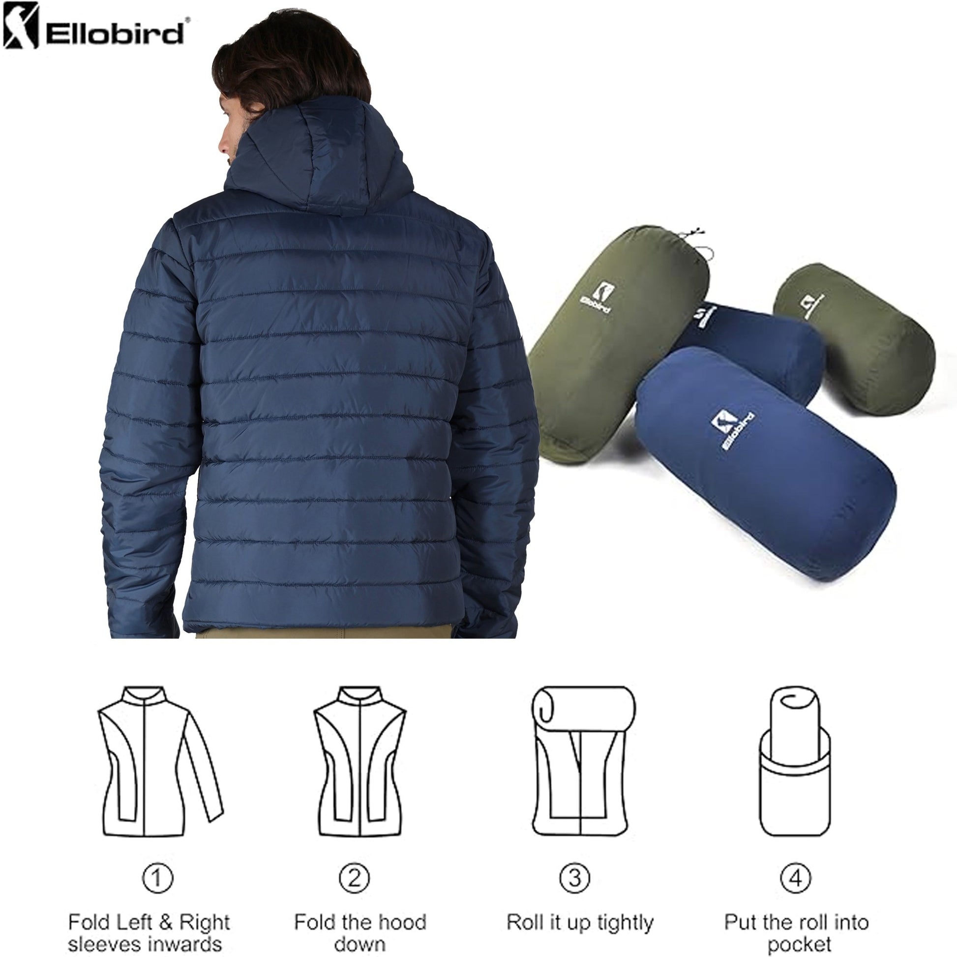 Ellobird Mens Puffer Coat Men Lightweight Winter Coats Jacket Hood Packable - Ellobird