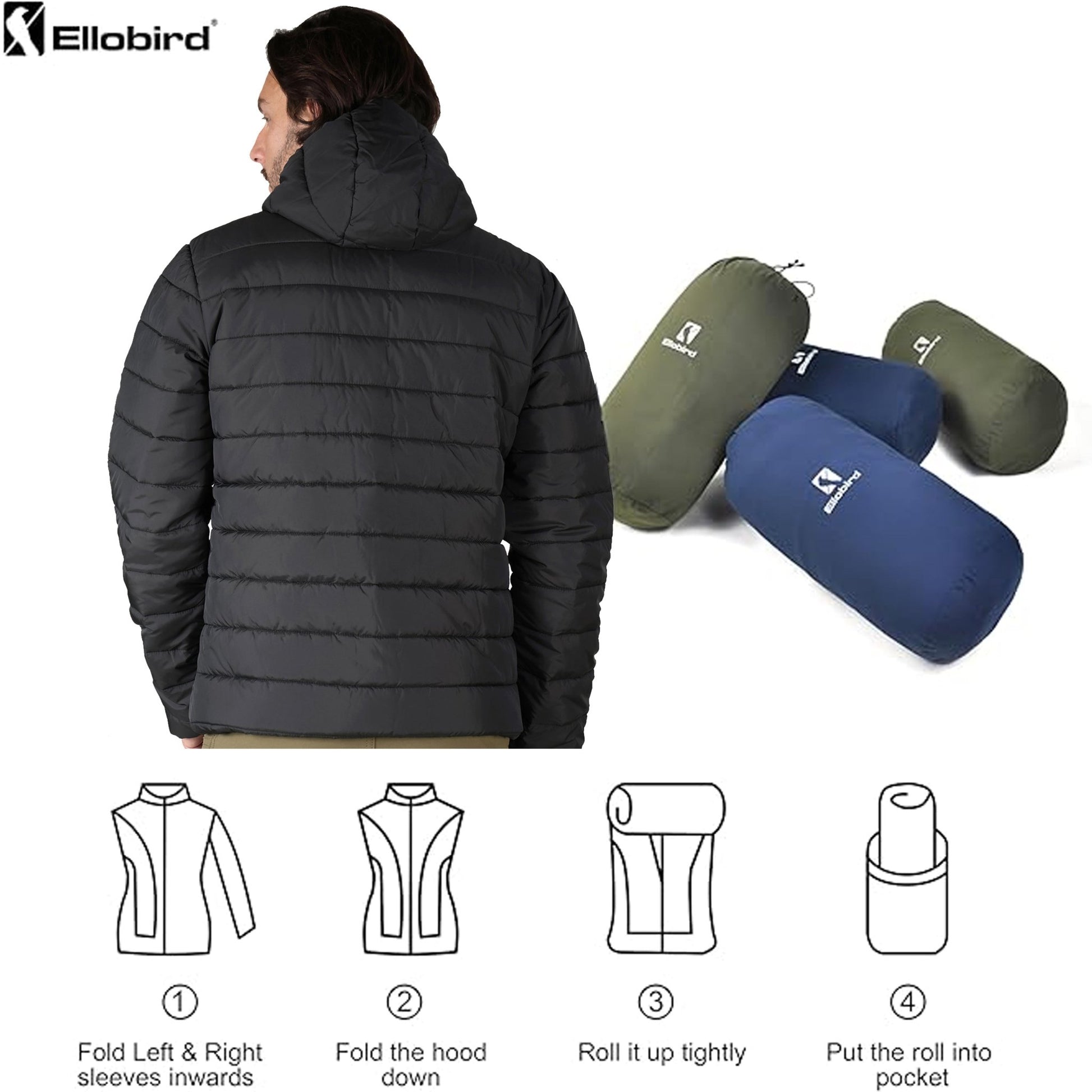 Ellobird Mens Puffer Coat Men Lightweight Winter Coats Jacket Hood Packable - Ellobird