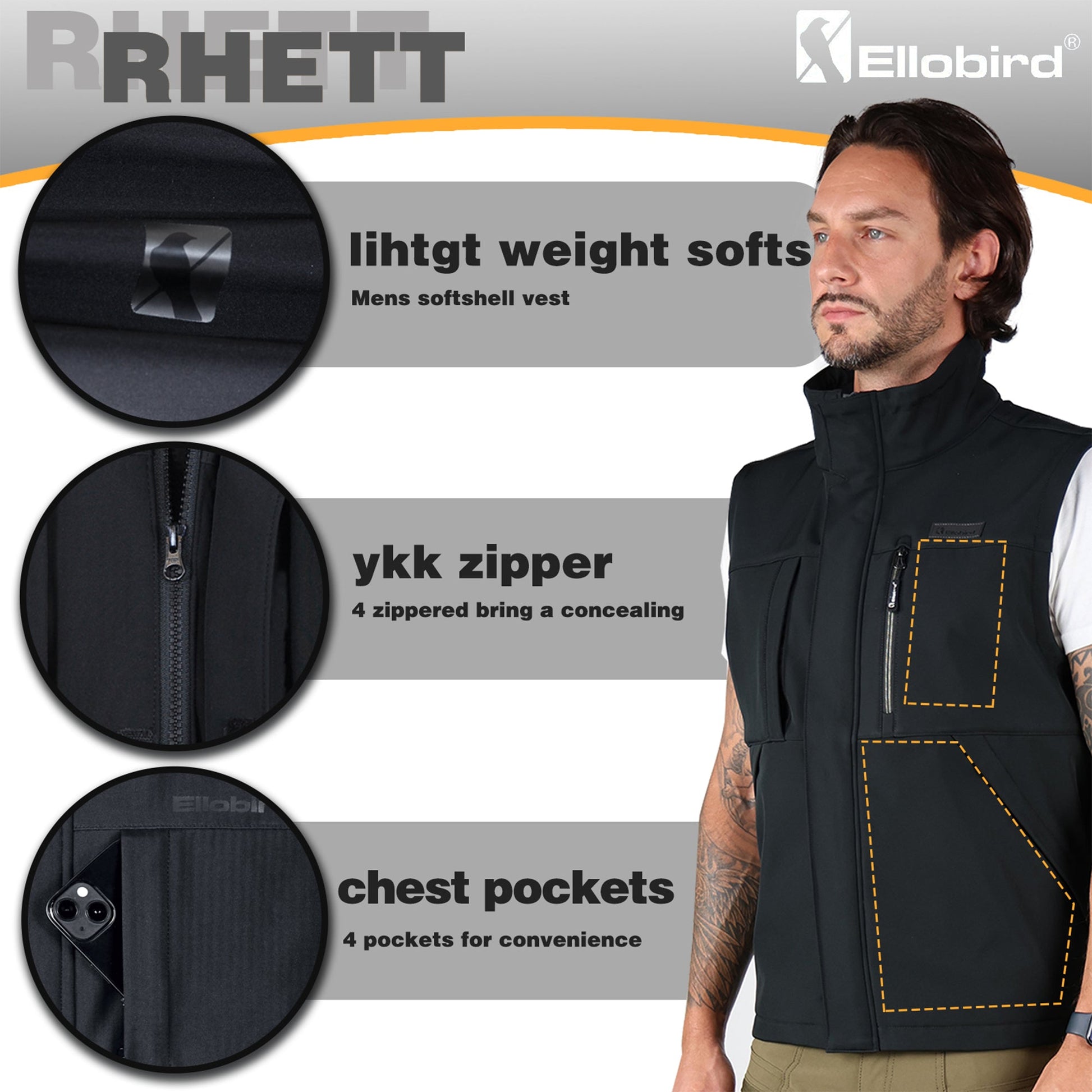 Ellobird Men's Softshell Vest, Warm Windproof Zip Pockets Waterproof Outerwear, Casual Hiking Travel Golf Sleeveless Jacket - Ellobird