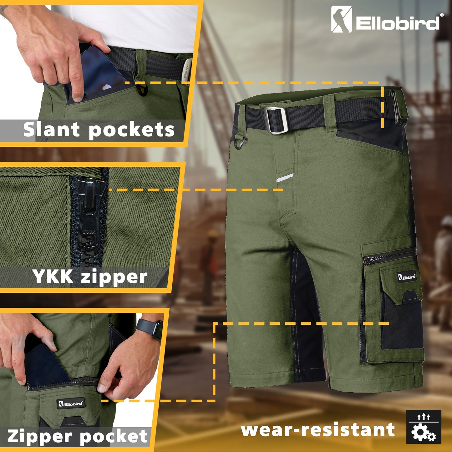 Ellobird Work Shorts for Men Construction Pants Mens Workwear Cordura Cargo Loose Fit Utility Carpenter Workwear Short - Ellobird